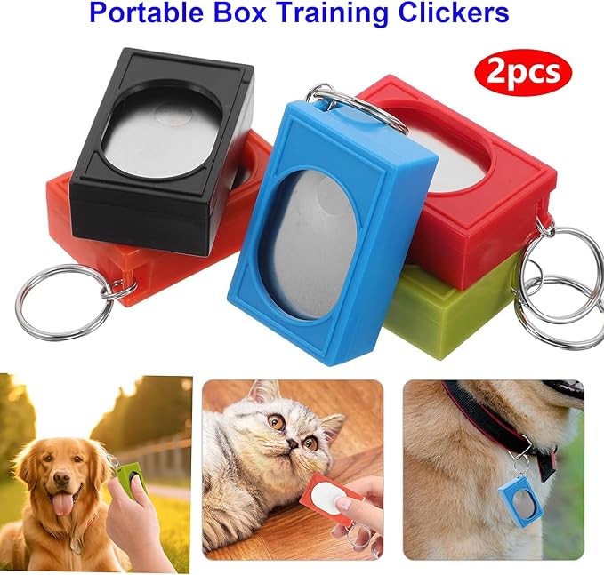 2pcs Portable Square Box Training Clicker Puppy Clicker Trainer for Dogs Cats Birds Lizards Fish Aid for Indoor Use (Blue+White)