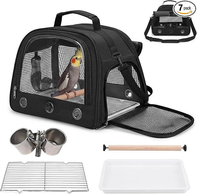Bird Carrier, Lightweight Breathable Bird Backpack, Portable Wild Bird Carrier with Standing Perch for Parrot Travel Vet Visit (Black)