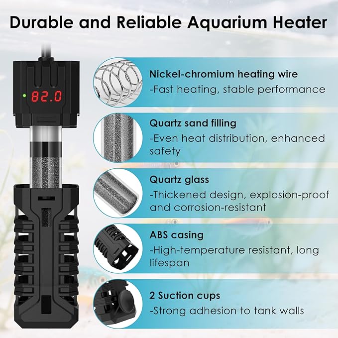 50W Aquarium Heater, Adjustable Small Fish Tank Heater, with Digital Display, Overheat Protection & Dry Run Protection, for 5-10 Gallon Water