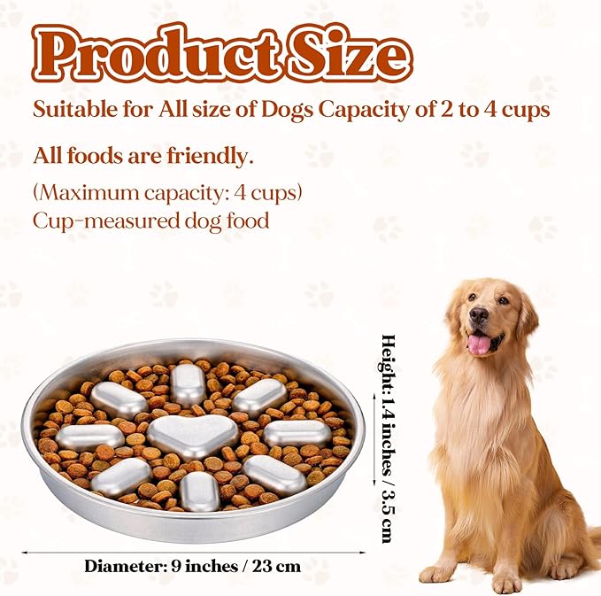 Stainless Steel Slow Feeder Dog Bowls, 2 Cups Metal Slow Feeder Bowl for Small & Medium Dogs, Pet Feed Bowl with Non-Slip Mat Base for Fast Eaters to Slow Down Eating, Dishwasher Safe, 1 Pack