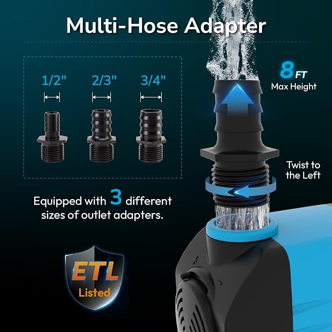 Hexago 400GPH Submersible Pump, Ultra Quiet Water Fountain Pumps with 8FT High Lift, 6FT Power Cord, 3 Nozzles, Durable Water Pump for Fish Tank, Pond Fountains, Aquarium, Statuary and Hydroponics