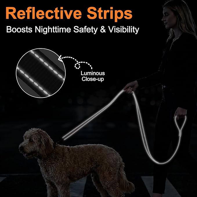 6 FT Heavy Duty Dog Leash with 2 Comfortable Padded Handles, Traffic Handle Extra Control, Highly Reflective Threads Leash for Small/Medium/Large Dogs (Black)