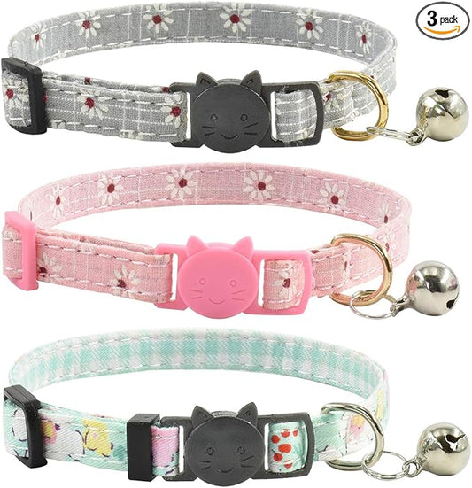 Breakaway Cat Collars with Bell, Set of 3, Durable & Safe Cute Kitten Collars Safety Adjustable Kitty Collar for Cat Puppy 7.5-11in (Gray,Pink,Blue)