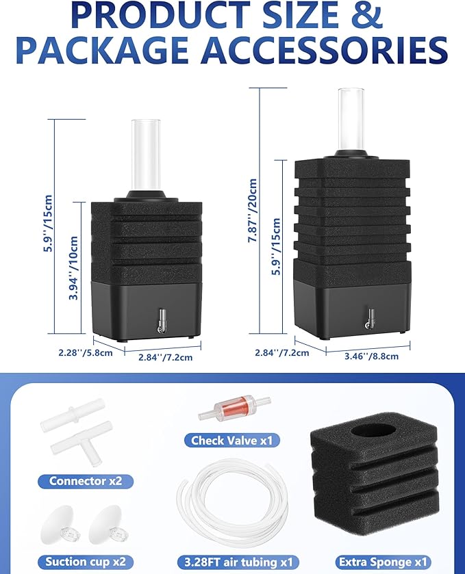 Moonorange Aquarium Bio Sponge Filter Kit, Super-Quiet Submersible Fish Tank Foam Filter with 1 Spare Sponge and Full Accessories, Suits Tanks Within 20 Gallon (S Kit)