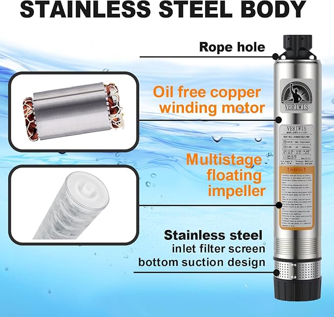 Submersible Well Pump 4" 1HP 115V 32GPM 207FT Head | Clog-Resistant Bottom Suction, 3-Year Warranty, 33FT UL Cord, Stainless Steel, for Septic Tank Effluent Water