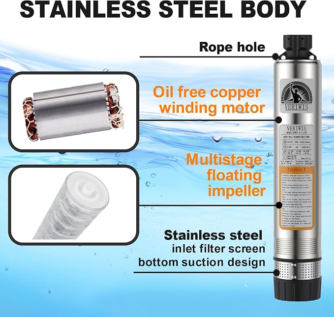 4" Submersible Well Pump 3/4HP 115V 32GPM 174FT Head | 33FT UL Cord, 3-Year Warranty, Stainless Steel, Clog-Resistant Bottom Suction, for Septic Tank Effluent Water