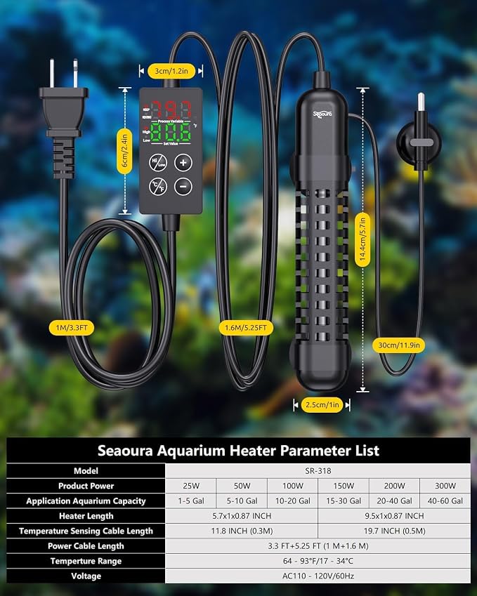 SEAOURA Small Aquarium Heater, 50W Fish Tank Heater 5-10 Gallon, Temp Probe | Adjustable Max & Min Temp Protection, 5.7 IN Submersible Heater with Auto Power-Off Intelligent Controller Fresh/Saltwater