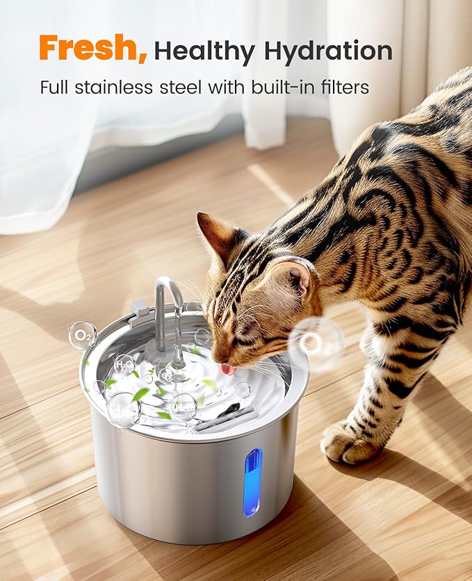 oneisall Stainless Steel Cat Water Fountain, 2L Water Fountains for Cats Indoor with Quiet Pump and 2 Replacement Filters, Pet Water Fountain Faucet Spout Design Cat Fountain Drinking Inside, PWF 001