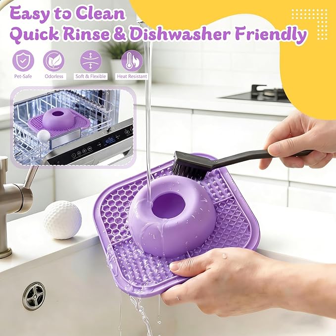 PetsHome Slow Feeder Dog Bowls & Lick Mat for Liquid and Thick Treat, Anti-Slip Dog Lick Bowl with Interactive Rolling Ball, 5/6 Cup Pup Licking Toy for Large Medium Small Dogs and Cats Purple