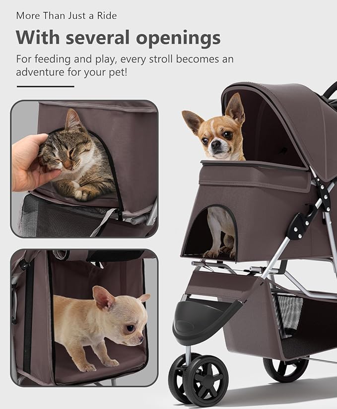 OS MOTOR Pet Stroller with 3 Wheels for Small/Medium Pets, Portable Travel Foldable Carrier Jogger for Dog Cat Puppy Kitty, Rear Wheel Breaks, Storage Basket, Visible Mesh with Weather Cover (Coffee)