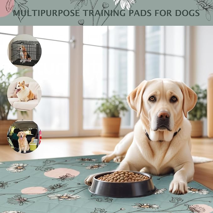 IEUUMLER Washable Pee Pads for Dogs, 2 Pack Non-Slip & Waterproof Pack Whelping Pad, Reusable Washable Puppy Potty Training Pad with Fast Absorbent for Playpen EU007 (Green Daisy, 30"X20"-2pcs)