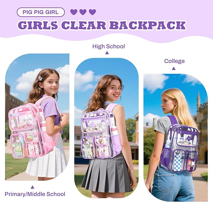 PIG PIG GIRL Clear Backpack for School,Heavy Duty PVC Transparent Bookbag for Girls Stadium Approved See Through Backpack