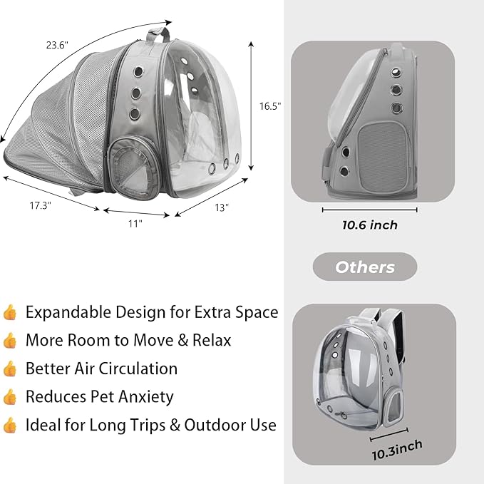 Pet Carrier Backpack Expandable for Cats and Small Dogs, Breathable Anti-Collapse Design, Airline Approved Travel Backpack for Hiking and Outdoor Use (Back Expandable-Grey)