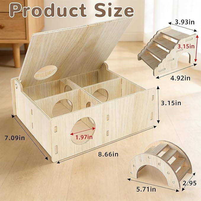 kathson Wooden Hamster Maze Tunnel Toy with Cover, Wooden Hamster Hideout Multi Chamber Exploring Toy Small Animal Tubes & Tunnels for Gerbil Rat Mice