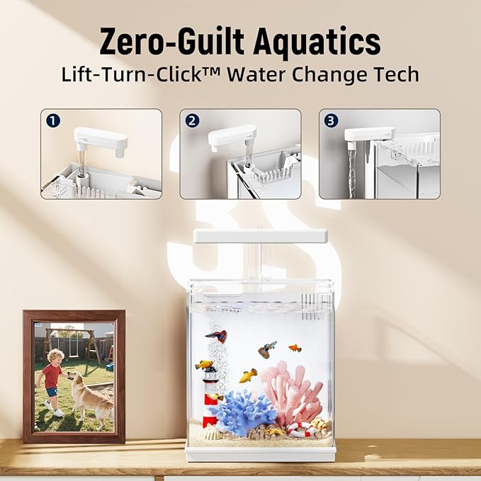 AQUASMITH 2-Gallon All-in-One Fish Tank – Silent Pump, 3-Stage Filtration & Easy Water Change, Perfect Self-Care Betta Aquarium Kit for Kids & Beginners (White