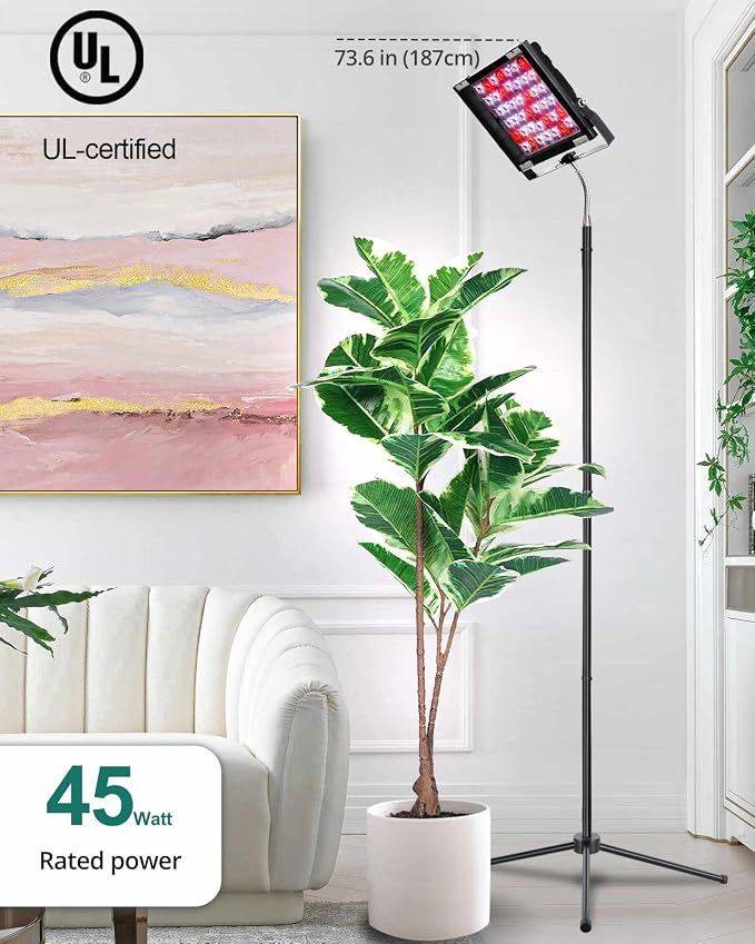 Adjustable Tripod Grow Light, Dimmable 45W 66in with Timer | 6/12/16h auto timer, adjustable floor lamp for indoor plants and aquarium refugium, supports whole plant growth stages