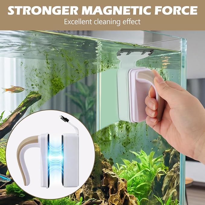 Aquarium Strong Magnetic Glass Cleaner Brush, Fish Tank Glass Scrubber Algae Scraper Comfortable Grip Handle with 2 Detachable Scrapers Mag Float Scrubber for 0.2 Inch Tanks(S)