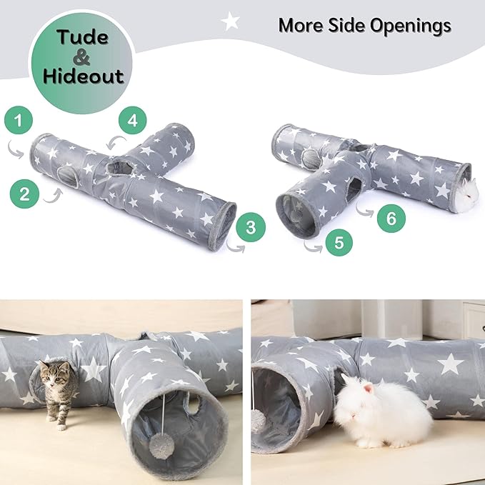JanYoo Bunny Tunnel Rabbit Hideout Cat Toys for Rabbits Accessories Guinea Pig Ferret Kitty 3 Ways Collapsible Tunnels (Star)