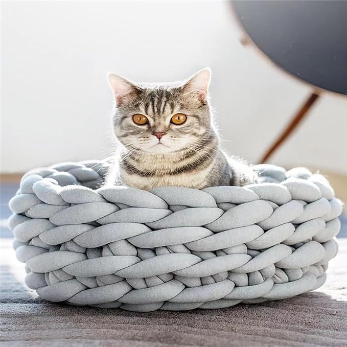 Woven Dog Bed Basket, Knitted Cotton Cat Bed Round Washable Woven Cat Pet Bed Chunky Dog Basket, Orthopedic, Chunky Knit Dog Nest,Dog Bed,Dog Cave,Dog Bedding(Gray,17")