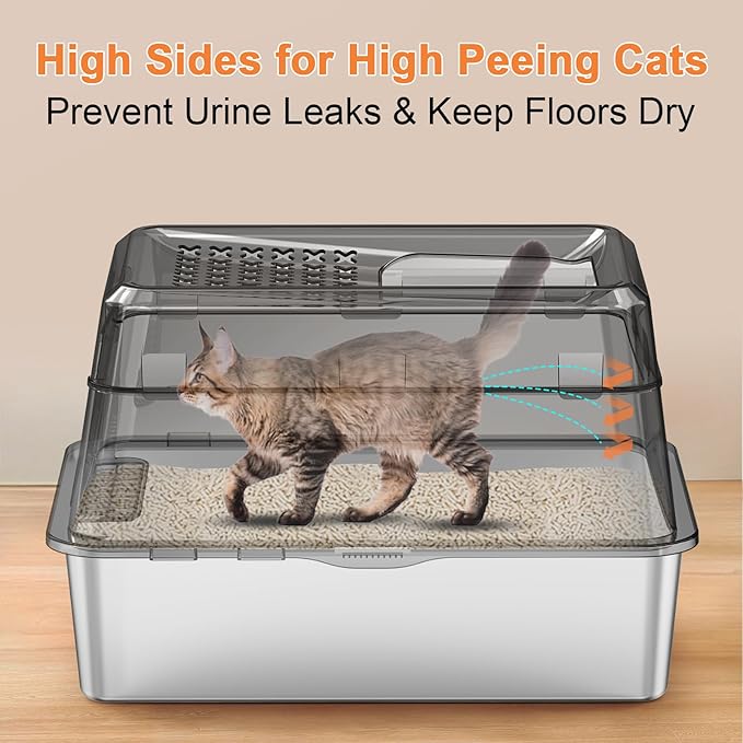 URPOWER Stainless Steel Cat Litter Box with Lid Extra Large Enclosed Litter Box Non-Sticky Metal Pan with High Sided & Scoop, Odor Free, Front & Top Entry, Anti-Leakage, Easy Cleaning