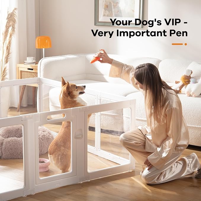 Clear Acrylic Dog Playpen Indoor, Puppy Cat Small Pet Play Pen, Pet Cat Playpen for Rabbits, Dog Fence Crate Kennel Whelping Cage (White, 2 Panel)