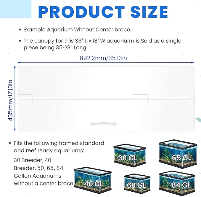 Sieral Aquarium Lids Polycarbonate Canopy with LED Light 35.13 x 17.13 x 0.12 Inch for 50/65/84 Gallon Without Center Brace Aquariums Cover Fish Tank Lid with a Hook Knife, Clear