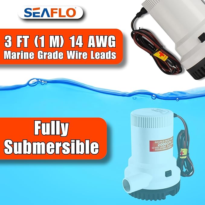 SEAFLO 01 Series 2000 GPH Bilge Pump – 12V, 1-1/8" Outlet, Marine Submersible Pump with Anti-Airlock Protection, CE & Rohs Certified, 4-Year Warranty | Reliable for Boats and Marine Applications