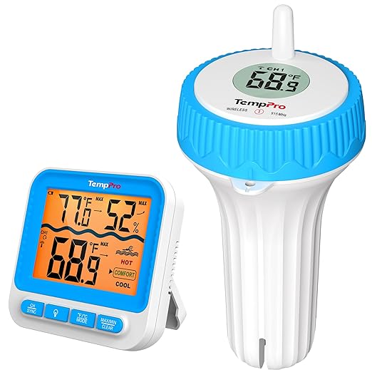 TempPro TempAir Wireless Pool Thermometer Floating with IPX8 Waterproof | 500FT, 0.9°F Accuracy, Larger Easy Read Display, Digital Floating Pool Thermometer Wireless for Cold Plunge, Hot Tub, Spa