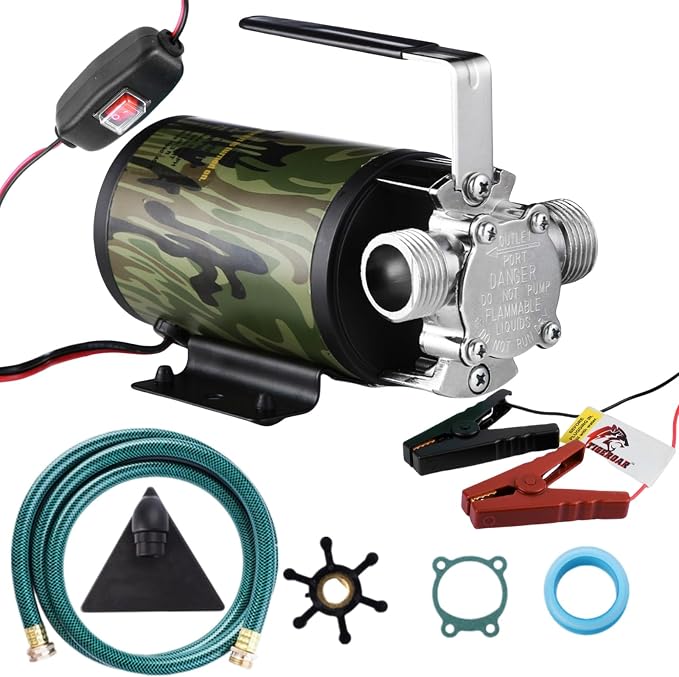 TIGEROAR 12V Water Pump 330 GPH Utility Pump for Vehicle Water Transferring | RV Electric Pump Portable Water Tank with 6 ft. Suction Pump Hose and Replacement Kit for Water Removing Draining Flushing