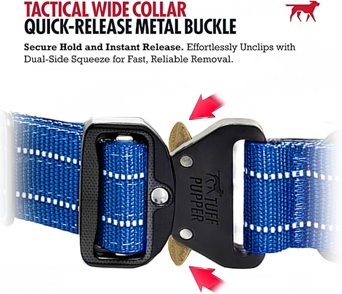 Tuff Pupper Tactical Dog Collar | Heavy Duty 1.5" Wide Ballistic Nylon | Training Control Handle | Quick-Release Metal Buckle | Reflective Bands | ID Tag Holder | Padded Inner Lining (Blue, Large)