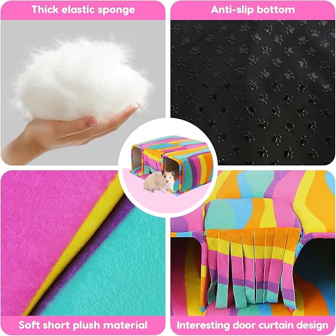 Guinea Pig Hideout with Tunnels, Toys & Cozy House - Soft Large Bed for Small Pets - Rainbow