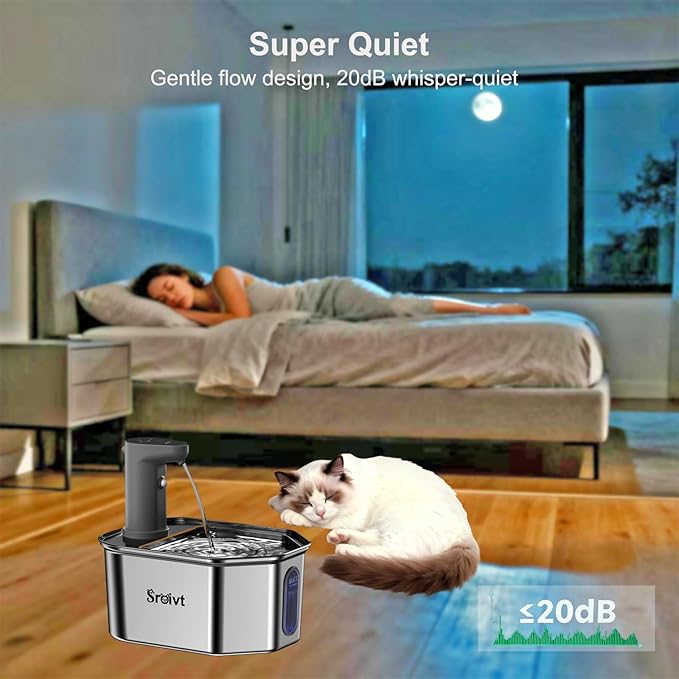 Cordless Cat Water Fountain Stainless Steel - Stainless Steel Cat Water Fountain Cordless - Water Fountain for Cats - Wireless Pet Water Fountain - Motion Sensor/Battery Operated 2.6L,1 Filter