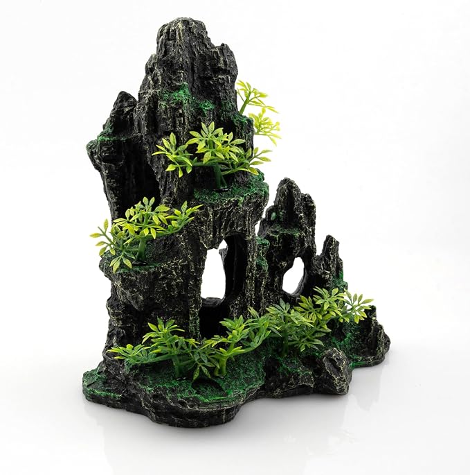 Aquarium Mountain View Stone Ornament, Large Resin Hideout Cave for Betta & Shrimp, Fish Tank Decor Rock Cave with Fish Cave and Hideouts (10.63" x 6.30" x 10.24")