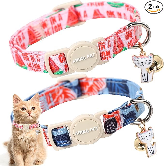 ARING PET 2 Pack Cat Collar-Cute Cotton Summer Watermelon Cat Collar with Bell & Pendant, Adjustable Summer Kitten Collars with Safety Buckle for Girl Pets