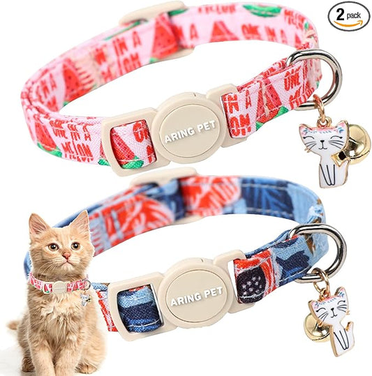 ARING PET 2 Pack Cat Collar-Cute Cotton Summer Watermelon Cat Collar with Bell & Pendant, Adjustable Summer Kitten Collars with Safety Buckle for Girl Pets
