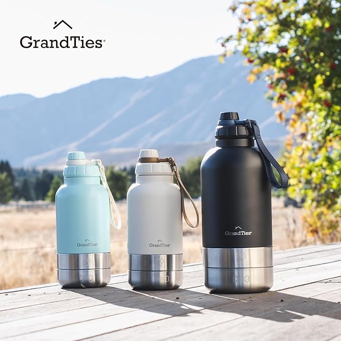 GrandTies Insulated Portable Water Bottle with 2 Detachable Dog Bowl Dispenser | Leak-Proof Food Travel Container | Walking, Hiking, Camping Accessory (64oz, Matte Black)
