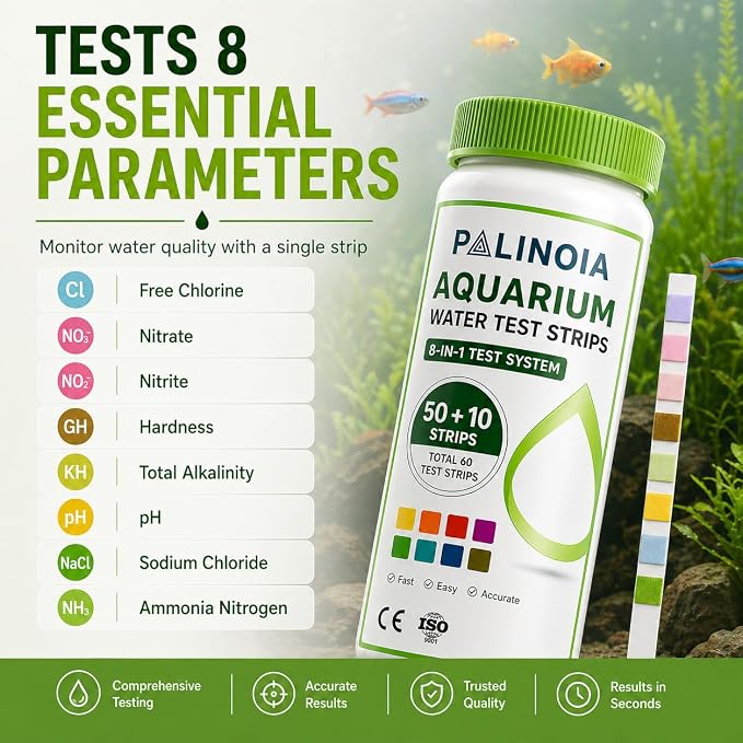 8-in-1 Fish Tank Test Strips (60 Count) – Aquarium Water Testing Kit for Freshwater & Saltwater – Tests pH, Ammonia, Nitrate, Nitrite, Hardness, Alkalinity, Chlorine & Salinity