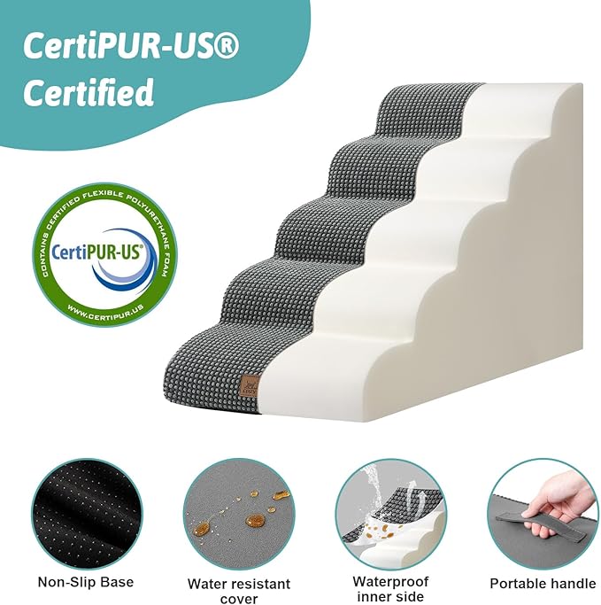 COZY KISS Dog Stairs for High Bed 22.6" H, Small Dog Step for Puppy, Older or Cat, Curved Ramp for Car, Ladder with High Density Foam, Lightweight, Durable, 15.7x33x22.6 inch, 5 Step, Charcoal Grey
