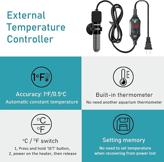 Small Submersible Aquarium Heater,Adjustable Mini Fish Tank Heater 25/50/100/150/200/300 Watts with External Temperature Controller, LED Display, Smart Memory, Used for 1-60 Gallons