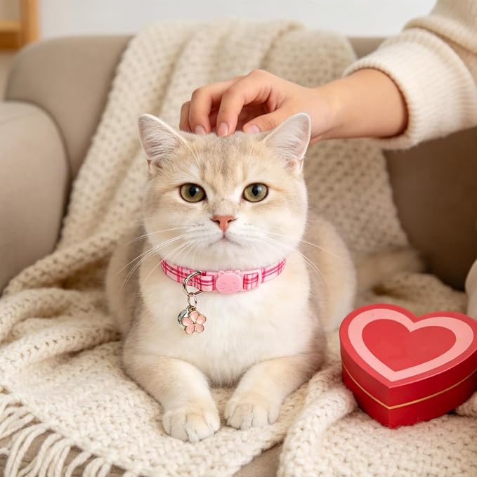 SCENEREAL Breakaway Cat Collar with Bell, 3 Pack Adjustable Safety Pink Cat Collar for Boy and Girl Cats, Cute Kitten Collar for Kitty Puppy Small Pets, Bow & Plaid & Heart