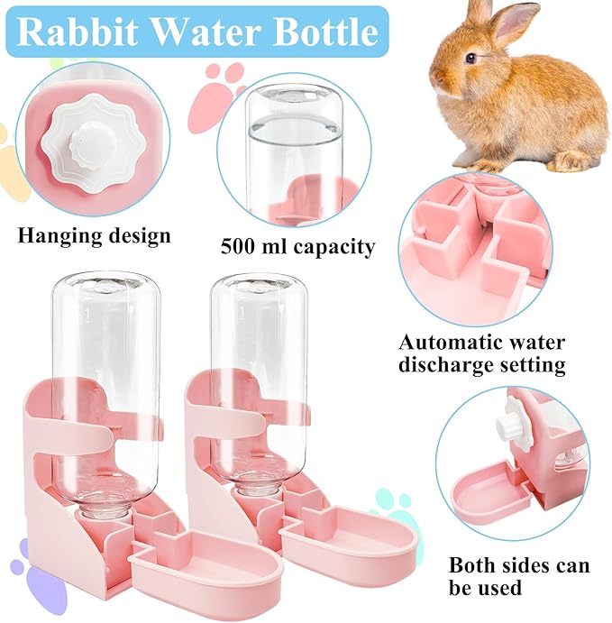kathson 2 PCS Rabbit Water Dispenser for Cage 17 Oz Hanging Guinea Pig Water Bottle No Drip Gravity Automatic Bunny Water Bottle No Leak Small Animal Water Bottle for Chinchilla Ferret Hamster（Pink）