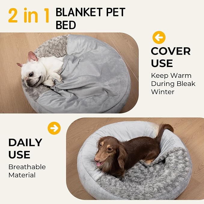 Cave Dog Bed with Blanket Easy to Assemble Donut Round Plush Cozy Cat Pet Bed for Puppy Machine Washable Removable Cover Cat Anti-Slip Bottom Gray 26X26X8 inch