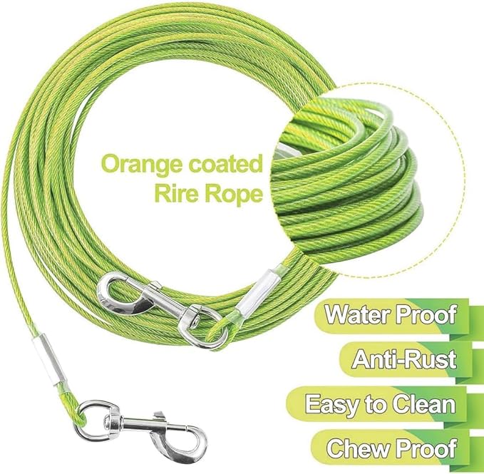 Tie Out Cable for Dogs,10/20/30/50/100FT Dog Leads for Yard Chew Proof,Heavy Duty Tie Out Cable for Large Dogs Up to 125lbs,Dog Runner Tether (Green, 125Ibs 100ft)