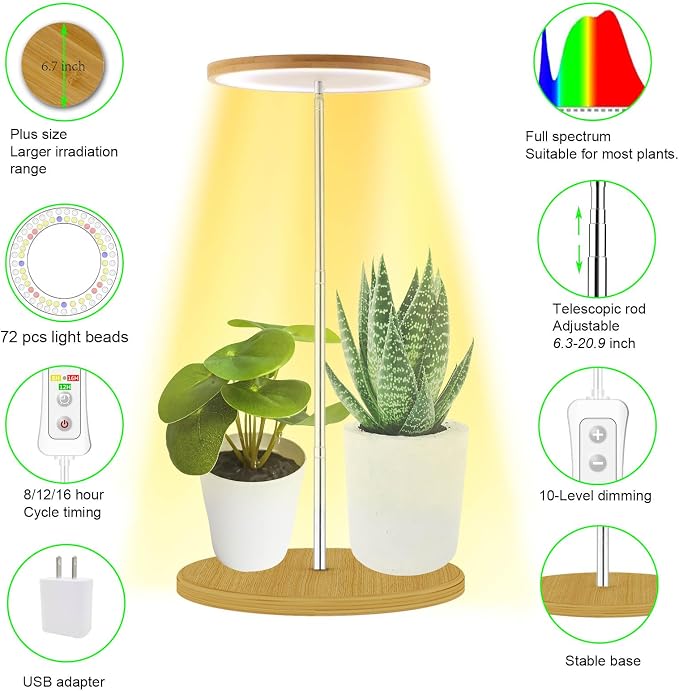Plant Grow Light for Indoor Plant,Bamboo Mini LED Grow Light Garden,Height Adjustable,Automatic Timer with 8/12/16 Hours，1 Pack