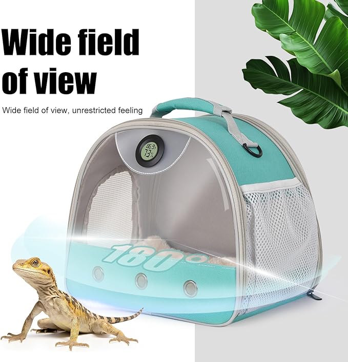 Bearded Dragon Carrier, Reptile Travel Bag with Built-in Thermometer Hygrometer, Breathable Small Animal Carrier with Clear View Window, Portable Guinea Pig Carrier for Gecko, Snake, Hamster