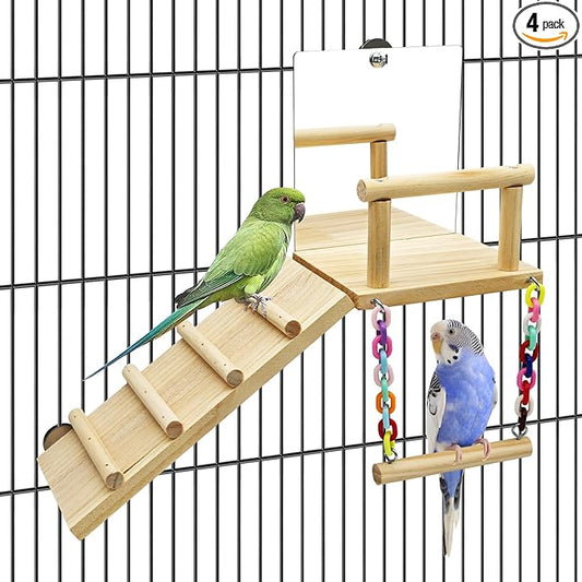 BNOSDM Bird Perch Platform with Mirror, Wooden Climbing Ladder for Parakeet, Small Bird Swing Toys Parrot Cage Accessories Budgie Playground for Cockatiel, Lovebirds, Conures, Finch