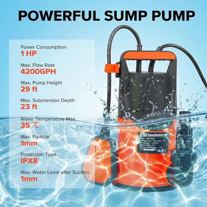 Prostormer 1HP 3700GPH Submersible Clean Water Pump with 31ft Lift | Water Pump with Auto Float Switch, Waterproof, for Tanks/Basements/Pools