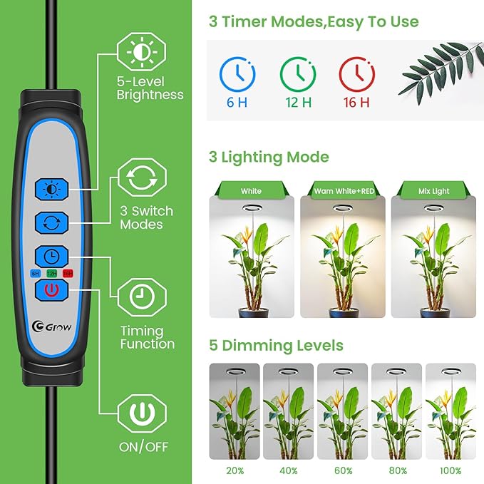 Aokrean Plant Grow Light, 80LED Growing Light Full Spectrum for Indoor Plants, Height Adjustable 10"-65", Auto Timer 6/12/16H, 3 Optional Spectrums, Idea for Large Plant Light, 5V, Black, 1 Pack