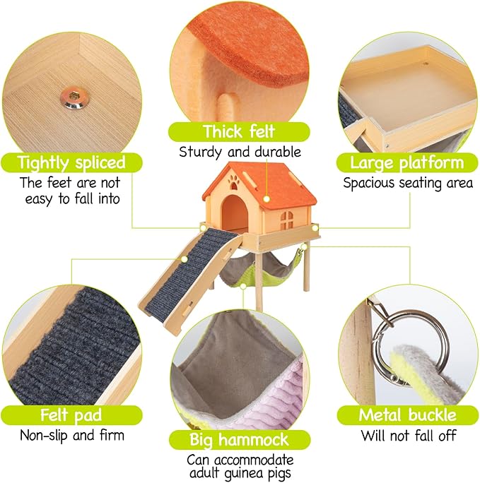 BESNEW 3 in 1 Enlarged Guinea Pig Hammock,Wooden Guinea Pig Hideout with House & Platform & Stairs Small Animal Toys for Hiding Sleeping Activities