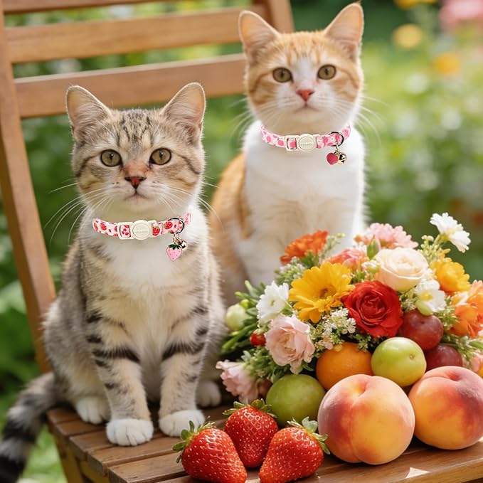 2 Pack Pink Strawberry Cat Collars Breakaway with Bell, DOGWONG Safety Buckle Peach Cat Collar for Girl Boy Cats and Small Dogs，Adjustable 7-12 Inch,Pet Supplies Accessories